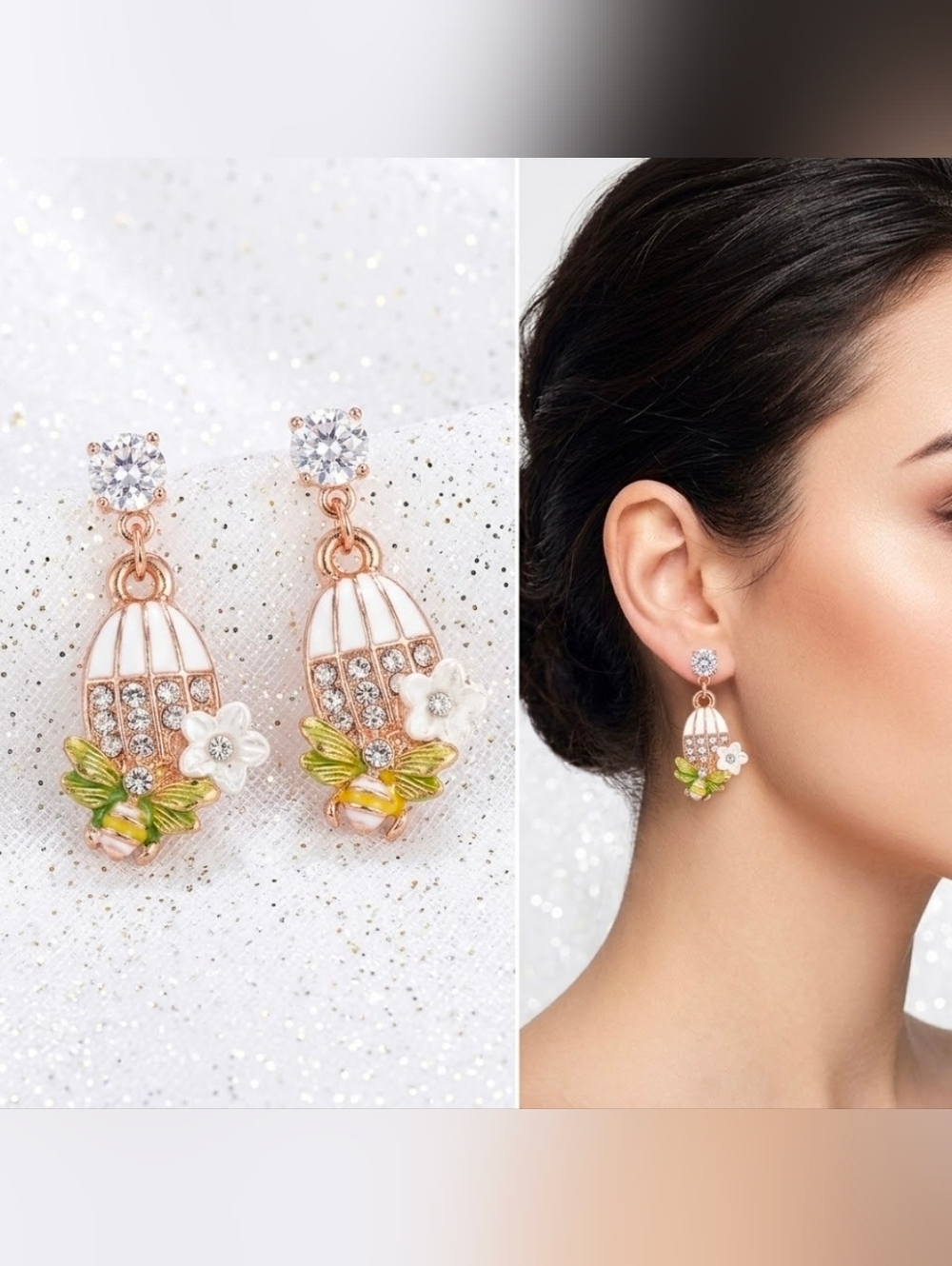 Gold plated green white flower honeybee hive drop earrings with silver post